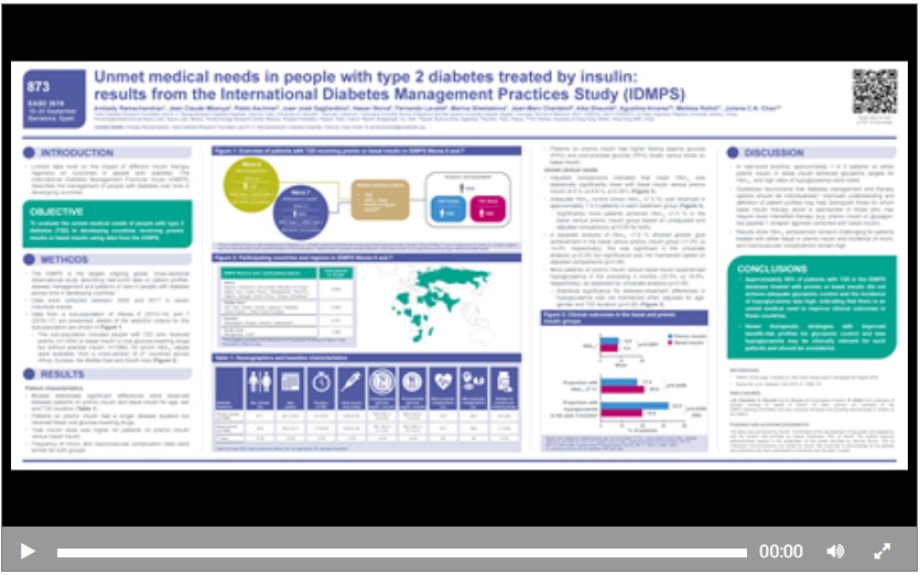 Visual presenting a still image of the commented poster of the article "Unmet medical needs in people with type 2 diabetes treated by insulin: results from the International Diabetes Management Practices Survey (IDMPS)"