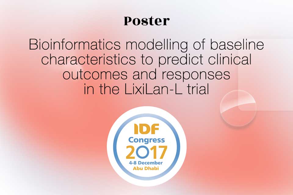Thumbnail for the poster "Bioinformatics modelling of baseline characteristics to predict clinical outcomes and responses in the LixiLan-L trial" presented in 2017 at IDF by Quinten Health