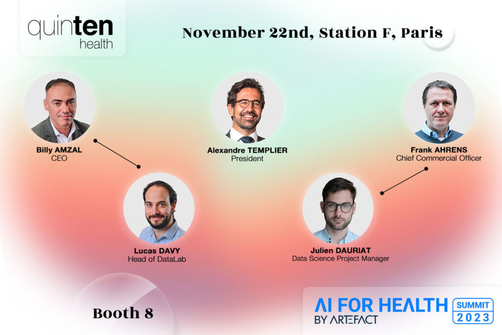 Thumbnail showcasing our team event for AI for Health Summit 2023, November 22nd 2023 with Billy Amzal, Alexandre Templier, Frank Ahrens, Lucas Davy and Julien Dauriat a booth 8