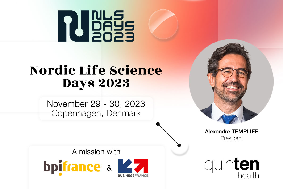 Thumbnail of the article entitled "Quinten Health participates in Nordic Life Science Days 2023" feature Alexandre Templier participating in the NLSDay 2023 with BPIFRance and Business France