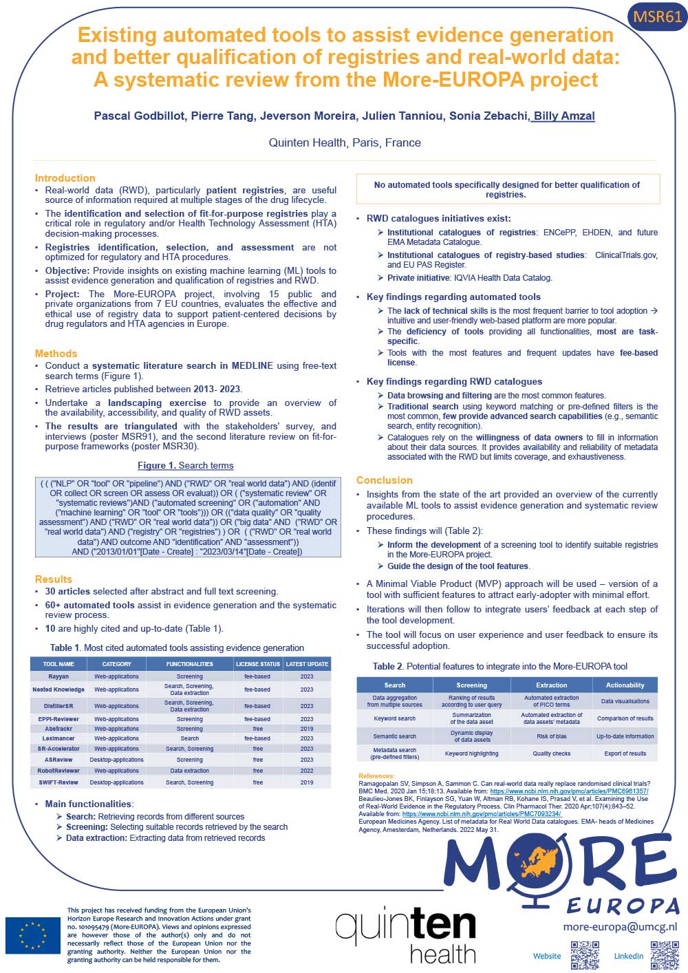 Visual of the poster entitled "Existing automated tools to assist evidence generation and better qualification of registries and real-world data. A systematic review from the More-EUROPA project."