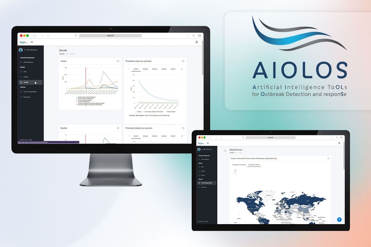 Thumbnail of the article entitled "Aiolos project Minimum Viable Product (MVP) showcased in a Poster at ISPOR EU 2023" showing two screens with different visuals of the AIOLOS dashboard