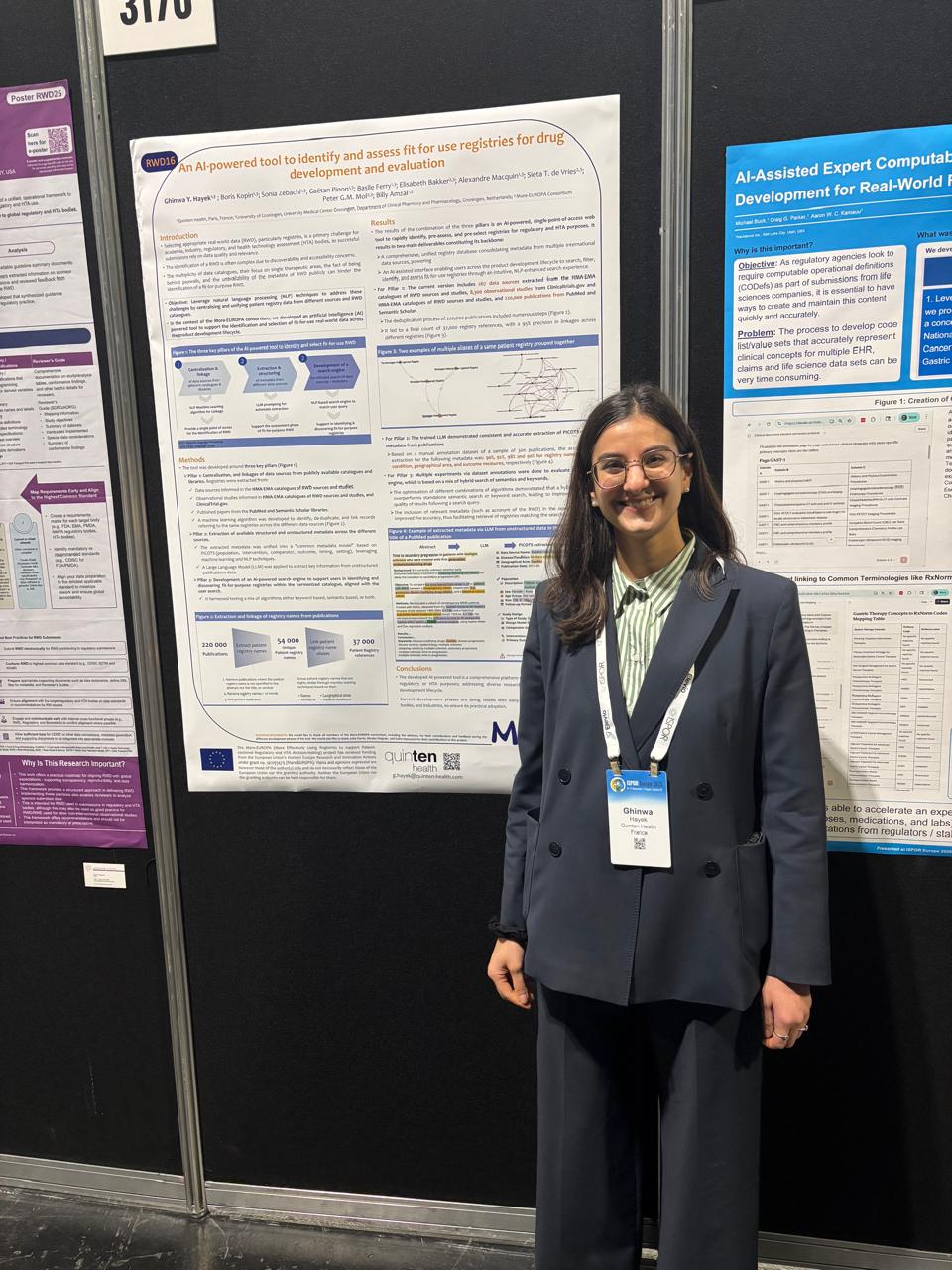 Ghinwa Hayek presenting Quinten Health’s AI-powered tool poster at ISPOR Europe 2025 in Glasgow